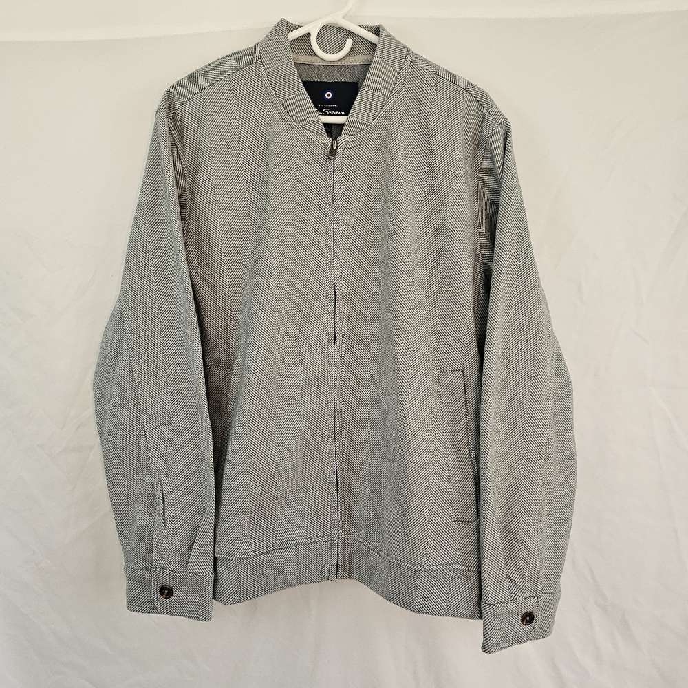 Ben Sherman Men's Herringbone Bomber Jacket Light Gray Chevron Pattern NWT Large